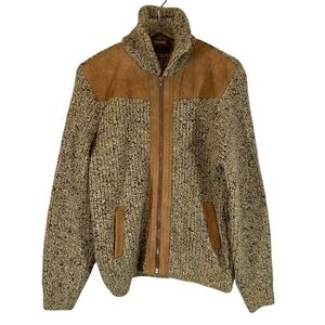 TUNDRA Men's Medium Vtg Wool Full Zip Mock Neck Sweater Jacket with Suede Trim